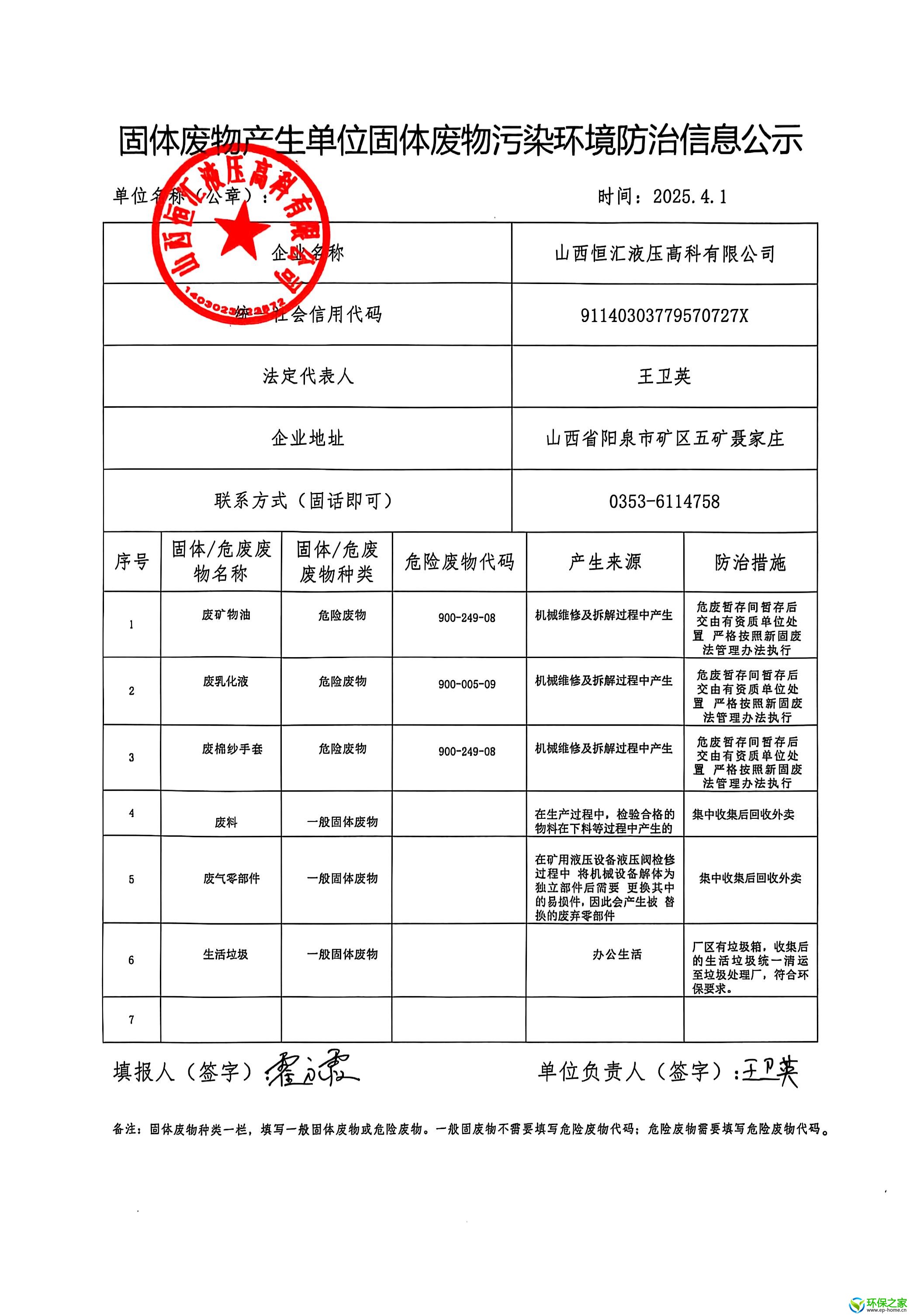 固体废物污染环境防治信息公示
